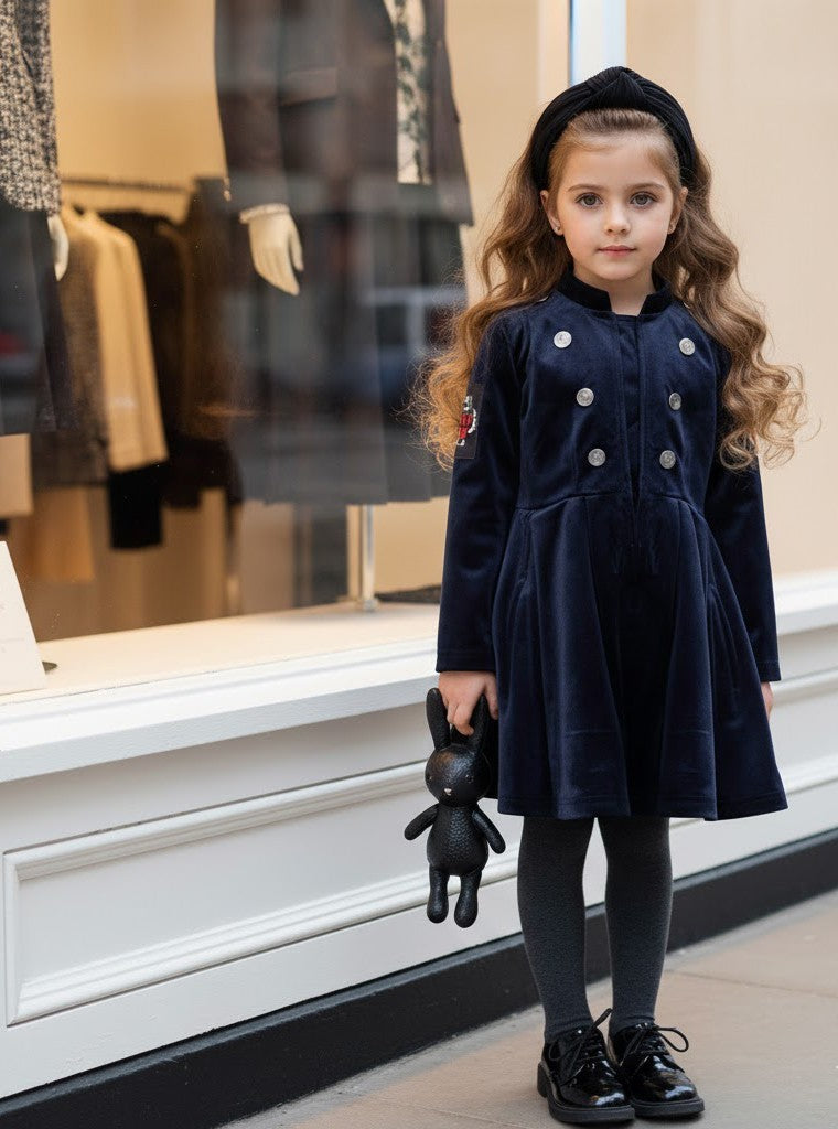 Girls Trench Coat Dress 3-4-5 y 2025 new Vintage Navy blue Velvet A-Line dress