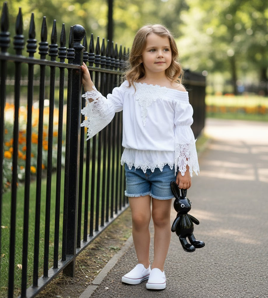 Girls Soft Modal T-Shirt with Vintage Lace  White & Light Grey summer top 3-7Y