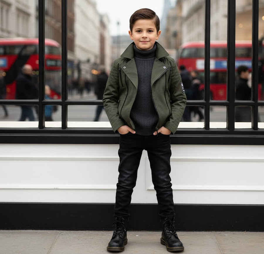 Boys' military Spring Autumn Jacket Cotton Wool Blend Green Black Coat 4-9Y