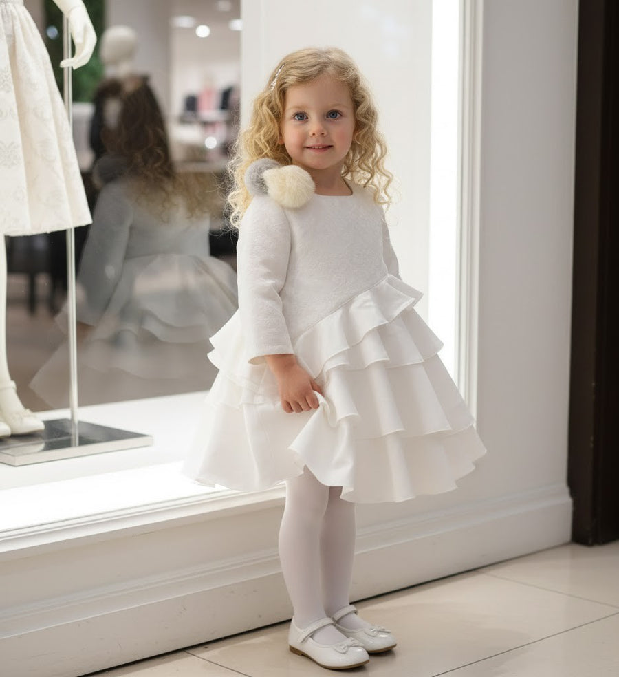 Girls princess White Jacquard Satin dress Elegant Multi-Layer Party Wear XMAS