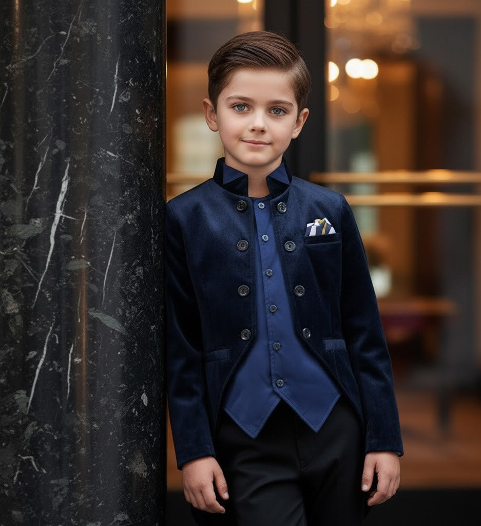 Boys Navy Velvet Tuxedo Blazer 3-4-5-6-7Y  Slim Fit Elegant Party holiday Jacket