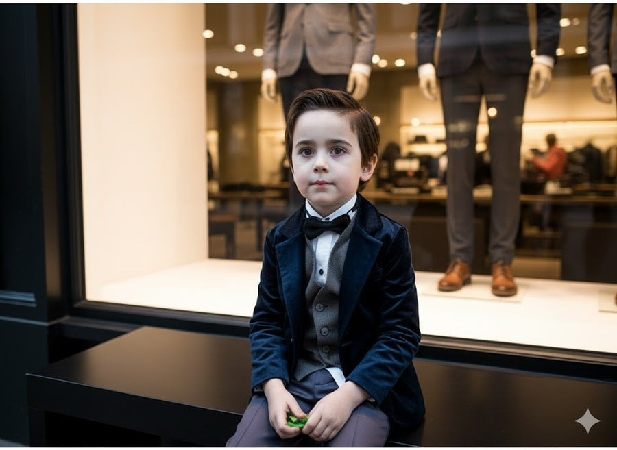 Boys navy Blue Velvet Blazer Long Formal Suit Jacket Casual party top 6-9 Years