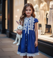 Girls Vintage Bright Blue Dress with White Lace – Soft Cotton, Ages 3-5 Years