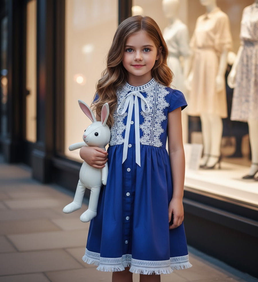Girls Vintage Bright Blue Dress with White Lace – Soft Cotton, Ages 3-5 Years