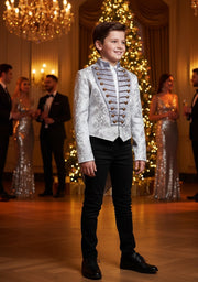 Boys Silver Brocade Tailcoat Suit Tuxedo 6–14Y Vintage Formal blazer Xmas Party
