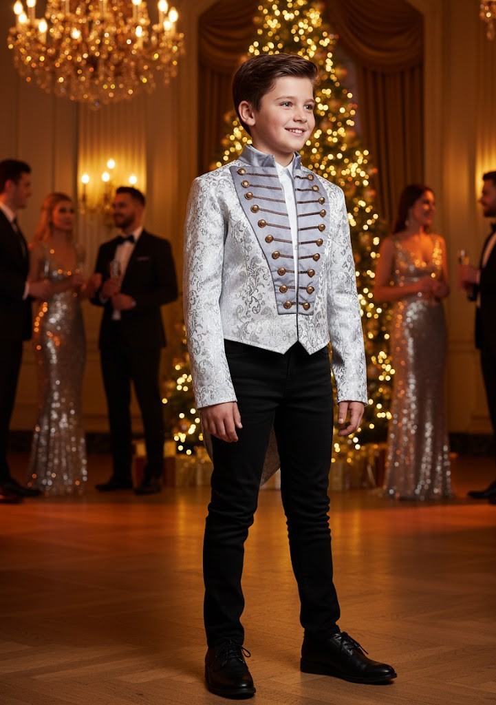 Boys Silver Brocade Tailcoat Suit Tuxedo 6–14Y Vintage Formal blazer Xmas Party