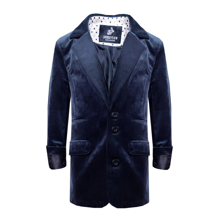 Boys navy Blue Velvet Blazer Long Formal Suit Jacket Casual party top 6-9 Years