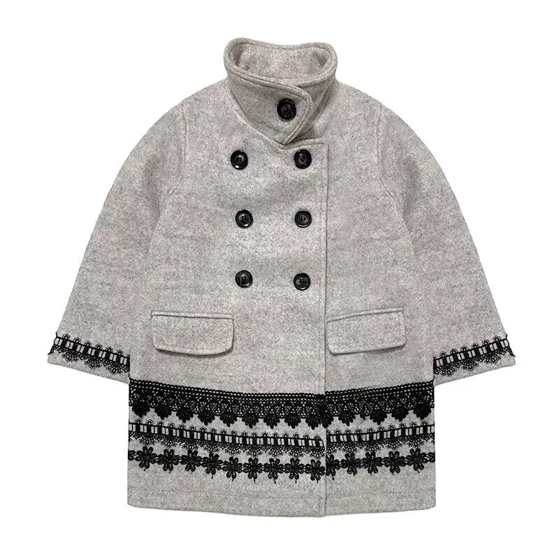 Girls Woolen Coat 2-3-4-5Y 2025 Vintage princess Doll-Style Jacket grey outwear