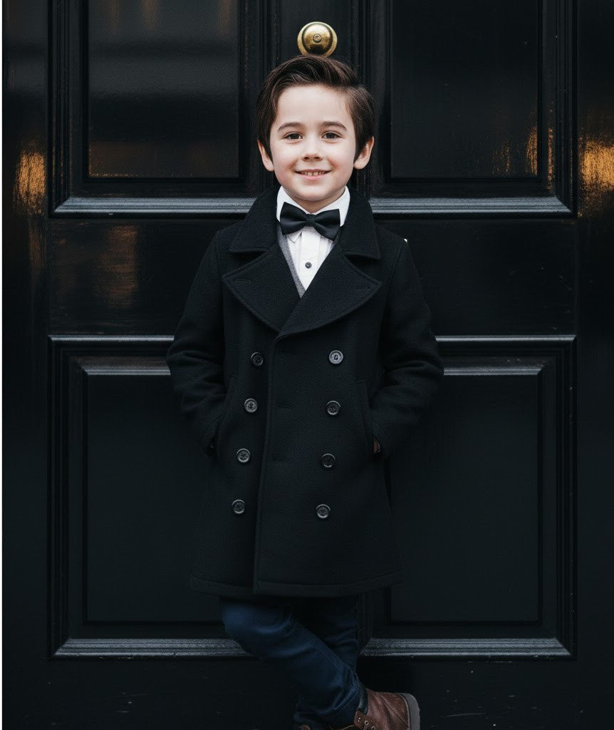Boys Black Cashmere Coat Stylish & high end vintage jacket Outerwear 3-12Y