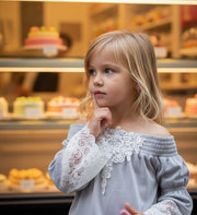 Girls Soft Modal T-Shirt with Vintage Lace  White & Light Grey summer top 3-7Y