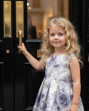 Girls Smoke Grey Sleeveless Floral Cocktail Dress with Elegant Bow