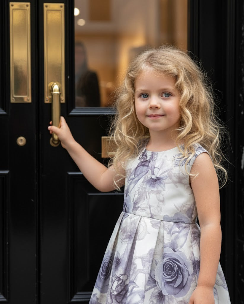 Girls Smoke Grey Sleeveless Floral Cocktail Dress with Elegant Bow