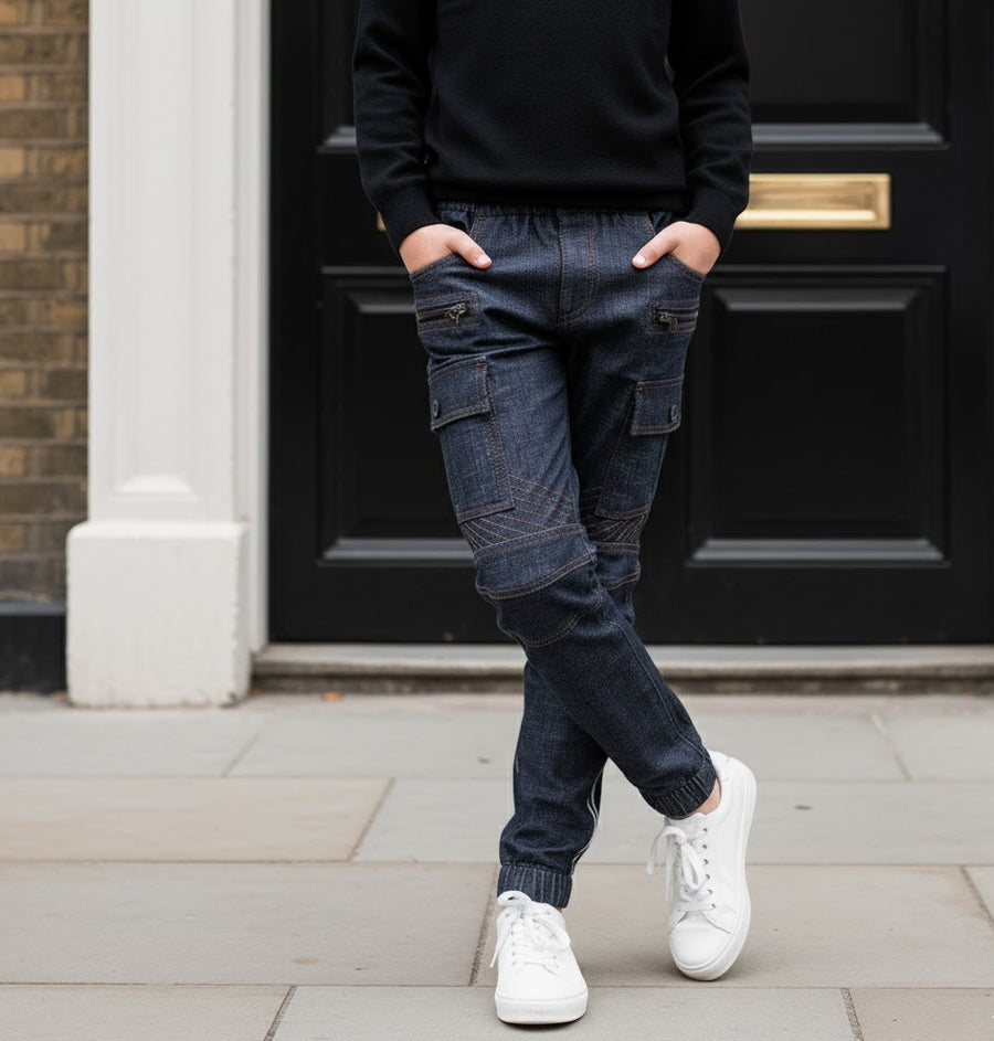 Boys Stretch Denim Casual jeans navy Blue & Black Cotton Trousers (4–12Y) kids