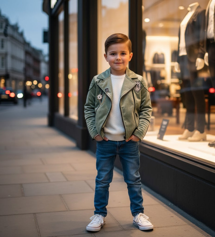 Boys' Velvet Jacket 3-9Y  Light Grey & Green Stylish Fall/Winter Casual top kids