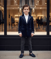 Boys navy Blue Velvet Blazer Long Formal Suit Jacket Casual party top 6-9 Years