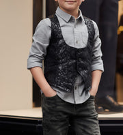 Boys Black Brocade Formal Vest Waistcoat (4–9 Years) XMAS party Wear birthday