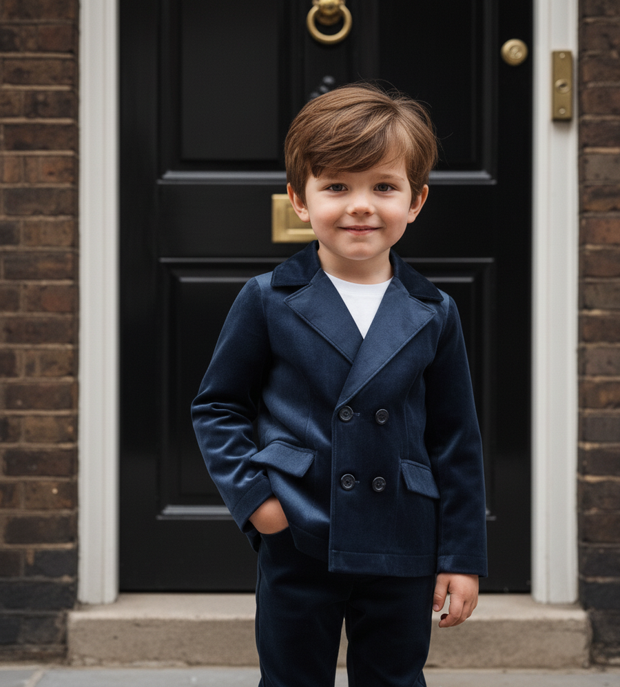 Boys Velvet Suit Set 3-10Y Navy Blazer & Trousers Casual & Stylish clearance