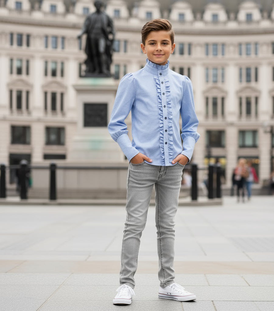 Boys' Vintage Light Blue Gray Shirt Long Sleeve 3–14Y Versatile Style easy match