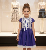 Girls Vintage Bright Blue Dress with White Lace – Soft Cotton, Ages 3-5 Years