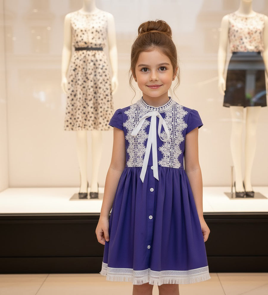 Girls Vintage Bright Blue Dress with White Lace – Soft Cotton, Ages 3-5 Years