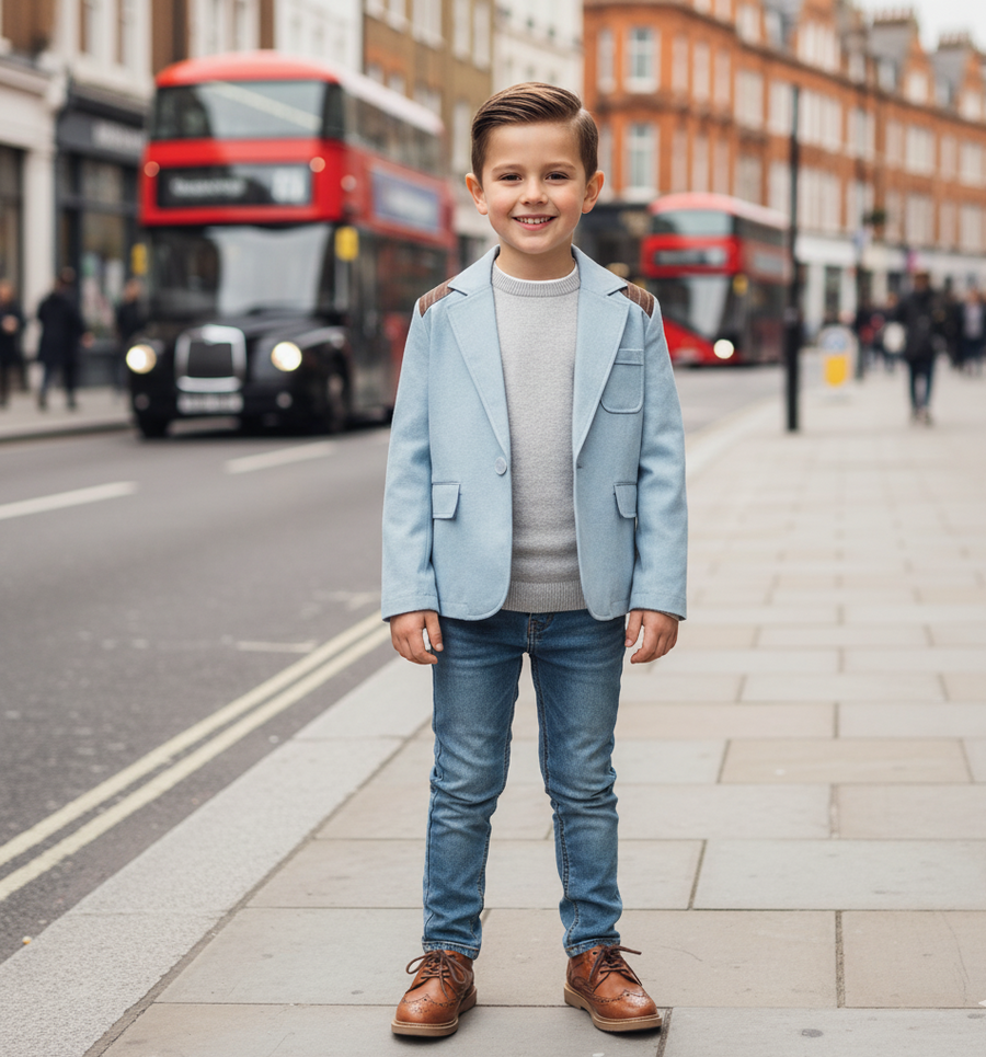 Boys Light Blue Cotton Blazer 3-4-5-6-7Y Vintage Casual top Jacket autumn 2025