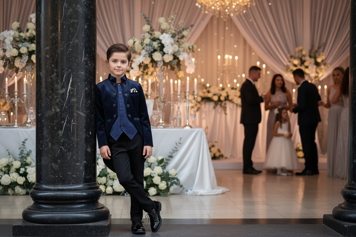 Boys Navy Velvet Tuxedo Blazer – Slim Fit Formal Jacket with Satin Lapel for Weddings, Parties & Christmas (Ages 3–7)