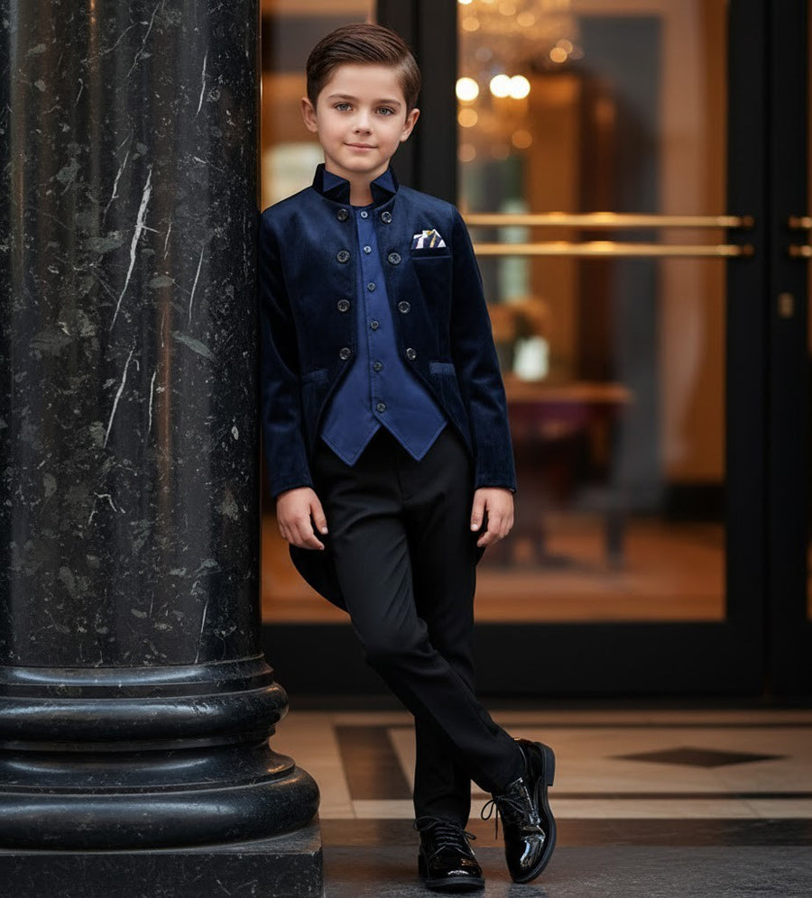 Boys Navy Velvet Tuxedo Blazer 3-4-5-6-7Y  Slim Fit Elegant Party holiday Jacket