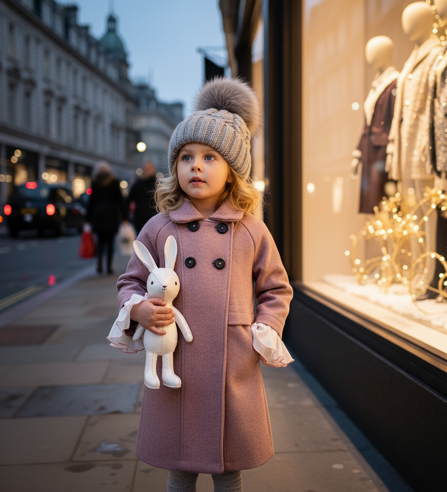 Girls' Woolen Winter long Coat  beautiful Warm Jacket Grey/Pink 3–9 Years