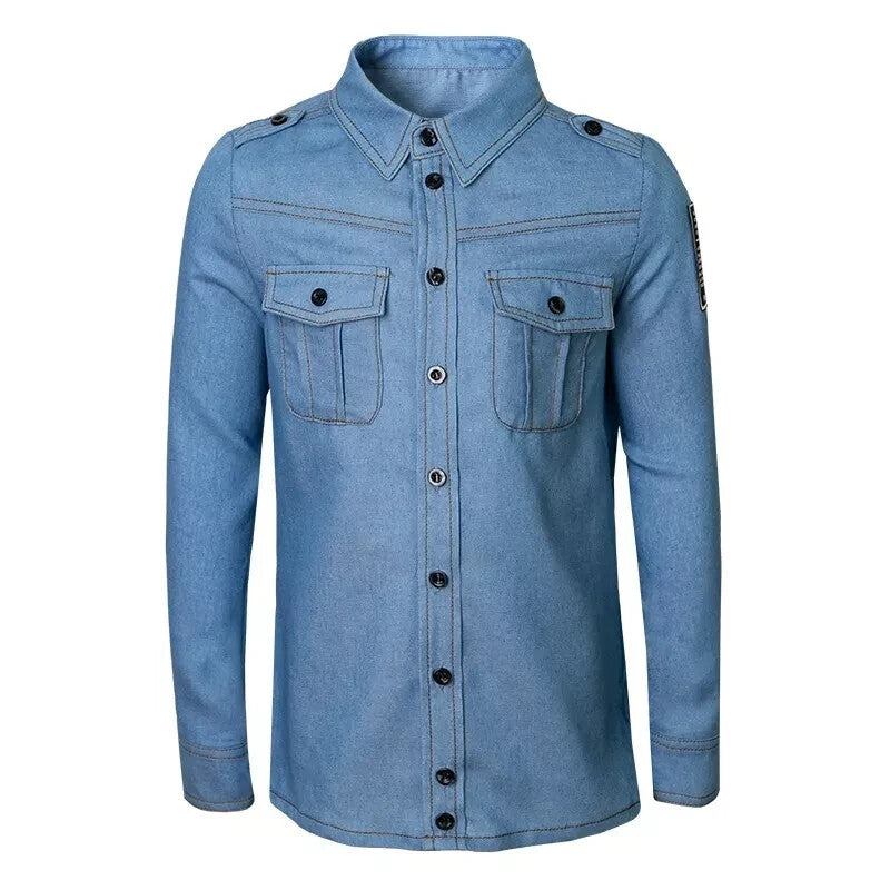 Boys Smart Casual Shirt Military Design Cotton Long Sleeve Top Ages 4-9Y School