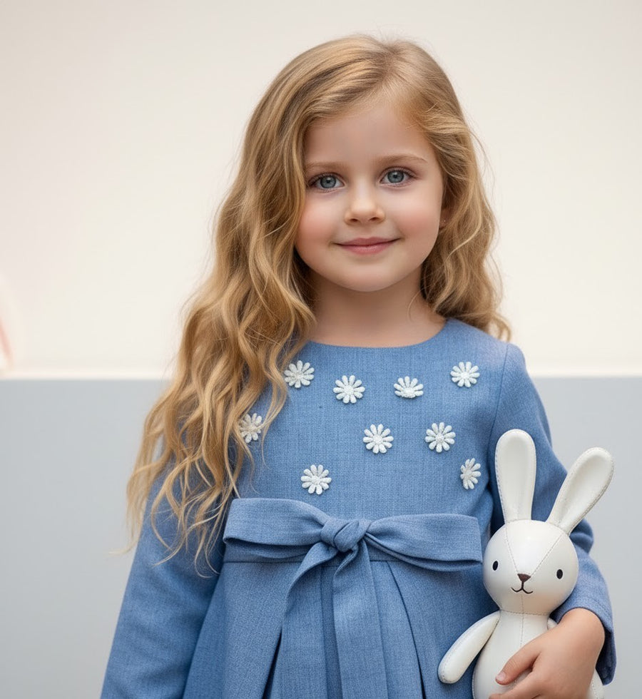 Girls blue Cotton Dress vintage long skirt Cotton Lining princess party  Xmas