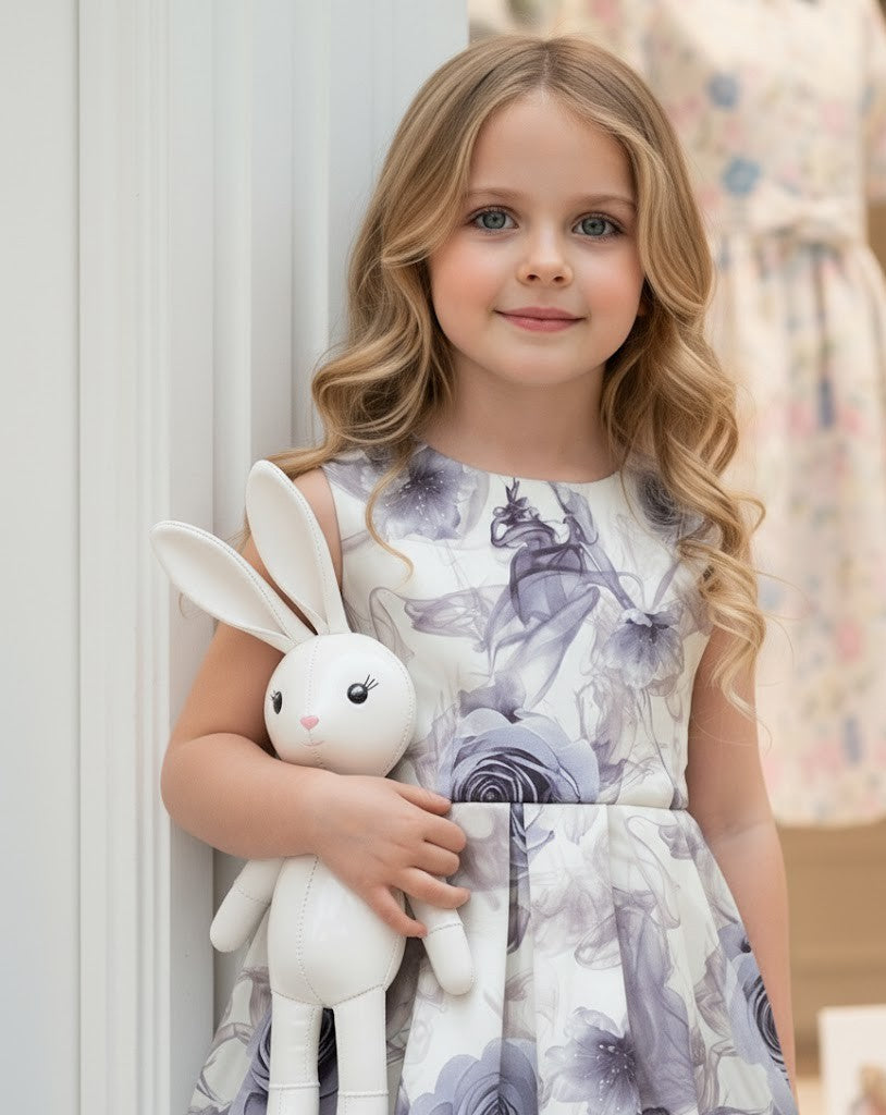 Girls Smoke Grey Sleeveless Floral Cocktail Dress with Elegant Bow