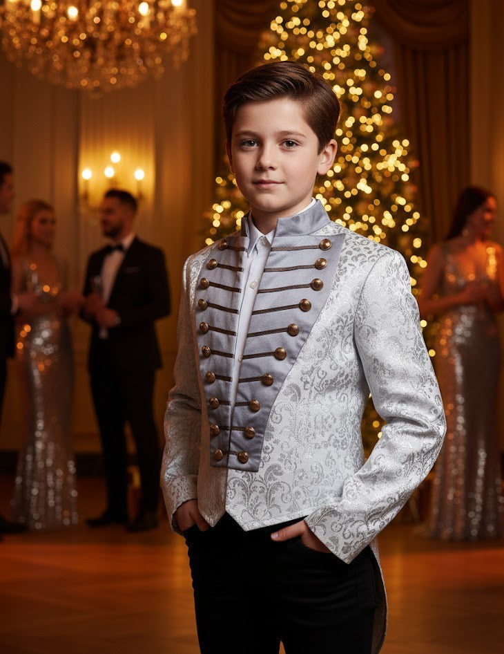 Boys Silver Brocade Tailcoat Suit Tuxedo 6–14Y Vintage Formal blazer Xmas Party