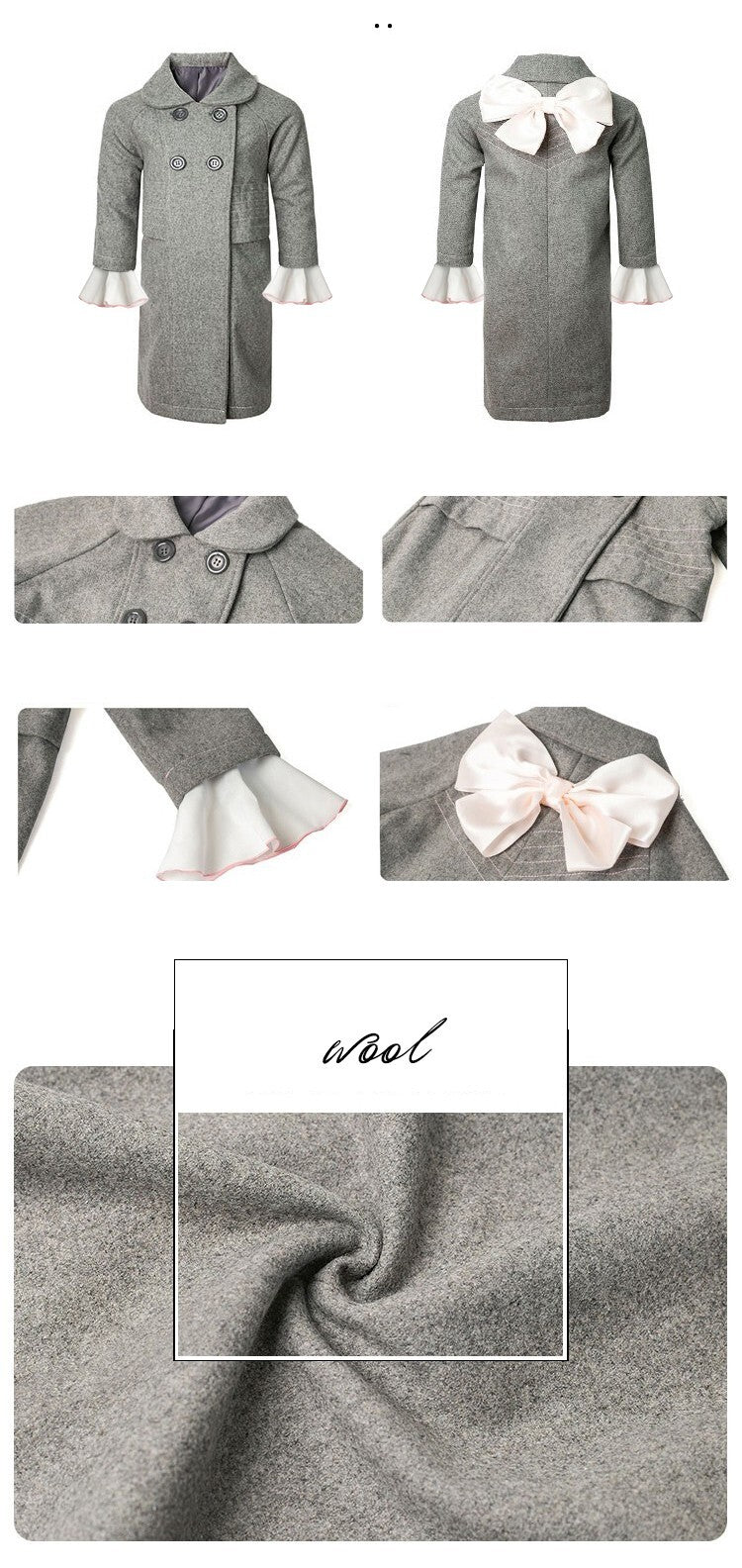 Girls Light Gray Wool Coat with Detachable Ruffled Cuffs – Elegant & Warm 3-9Y