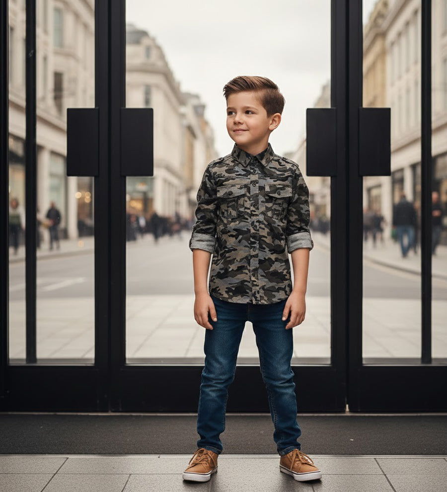 Boys Smart Casual Shirt Military Design Cotton Long Sleeve Top Ages 4-9Y School