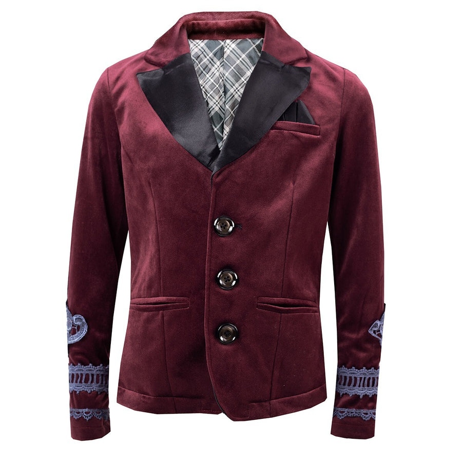 Boys Dark Red Velvet Blazer Vintage Style with Lace party xmas wear 6–14 Yrs