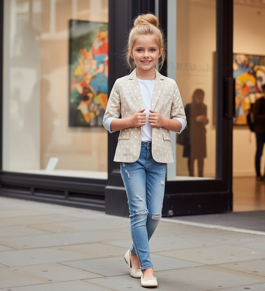 Girls Cream Cotton Blazer Short Casual Jacket top for all seasons kids top 6–12Y