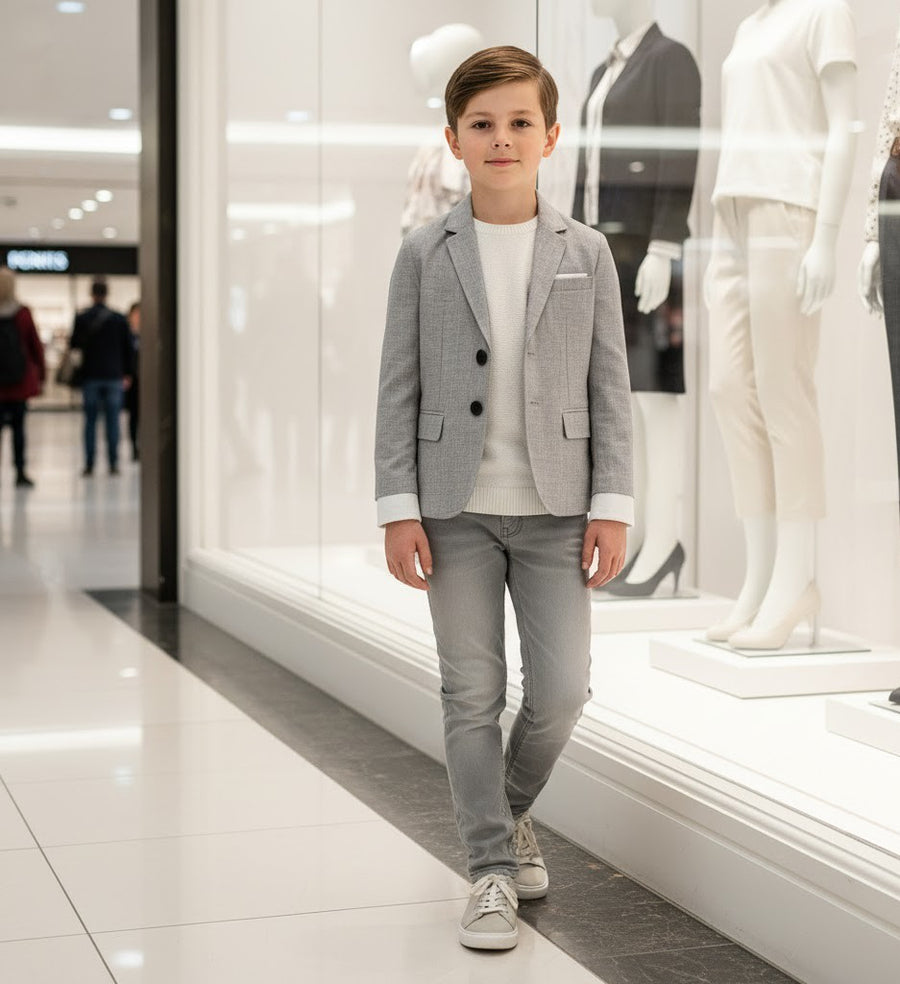Boys grey Casual Blazer with Double Cuffs Short Suit Jacket 3–10 Y party XMAS