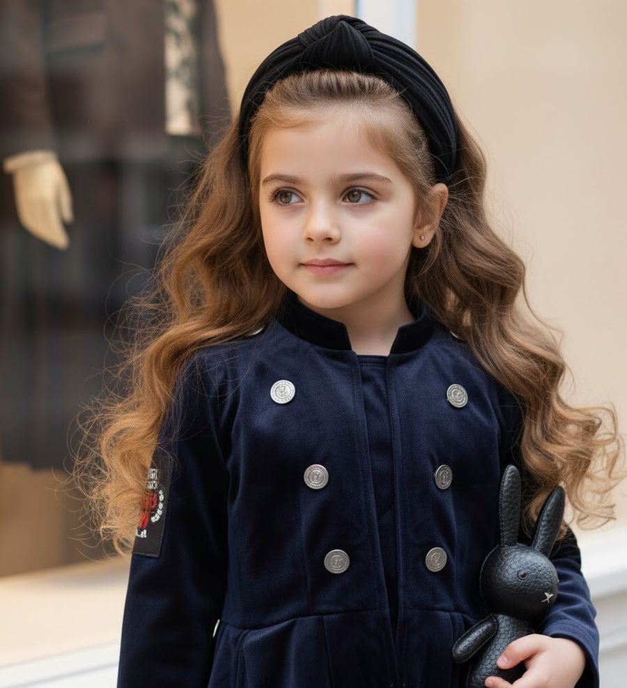 Girls Trench Coat Dress 3-4-5 y 2025 new Vintage Navy blue Velvet A-Line dress