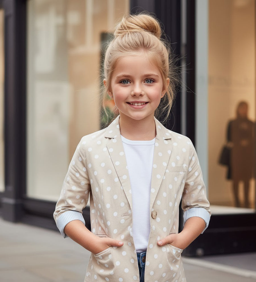 Girls Cream Cotton Blazer Short Casual Jacket top for all seasons kids top 6–12Y