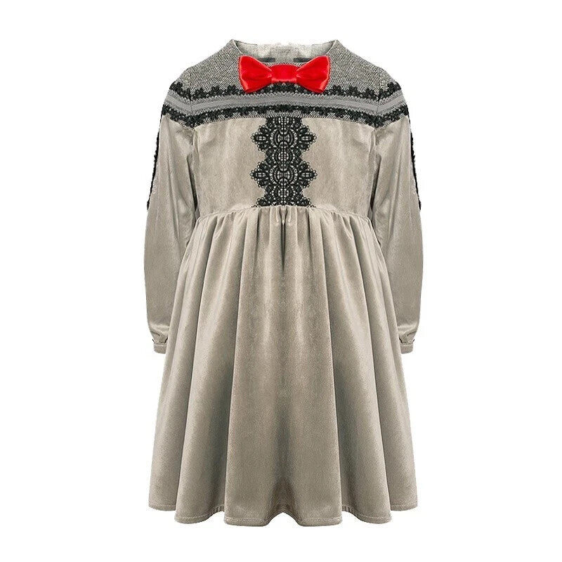 Girls’ Grey Velvet-Cotton long Dress Vintage Black Lace  3–10Y christmas gift