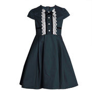 Girls Vintage dark green Dress beautfiful White Lace Cotton long dresses 3-7Y