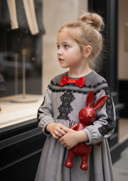 Girls’ Grey Velvet-Cotton long Dress Vintage Black Lace  3–10Y christmas gift