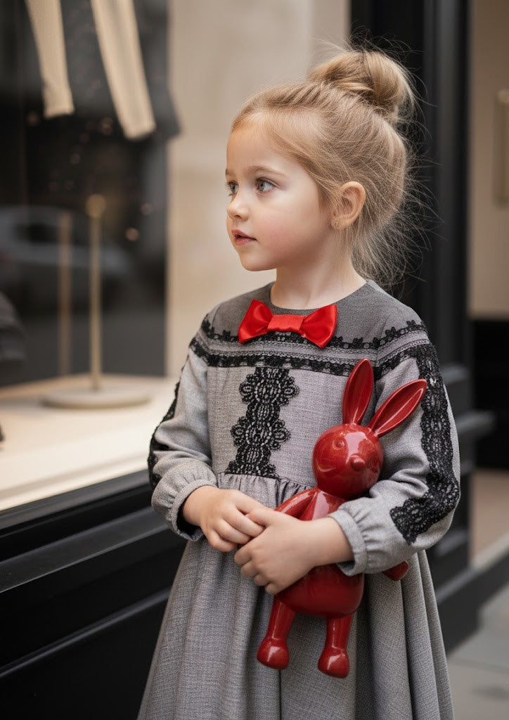 Girls’ Grey Velvet-Cotton long Dress Vintage Black Lace  3–10Y christmas gift