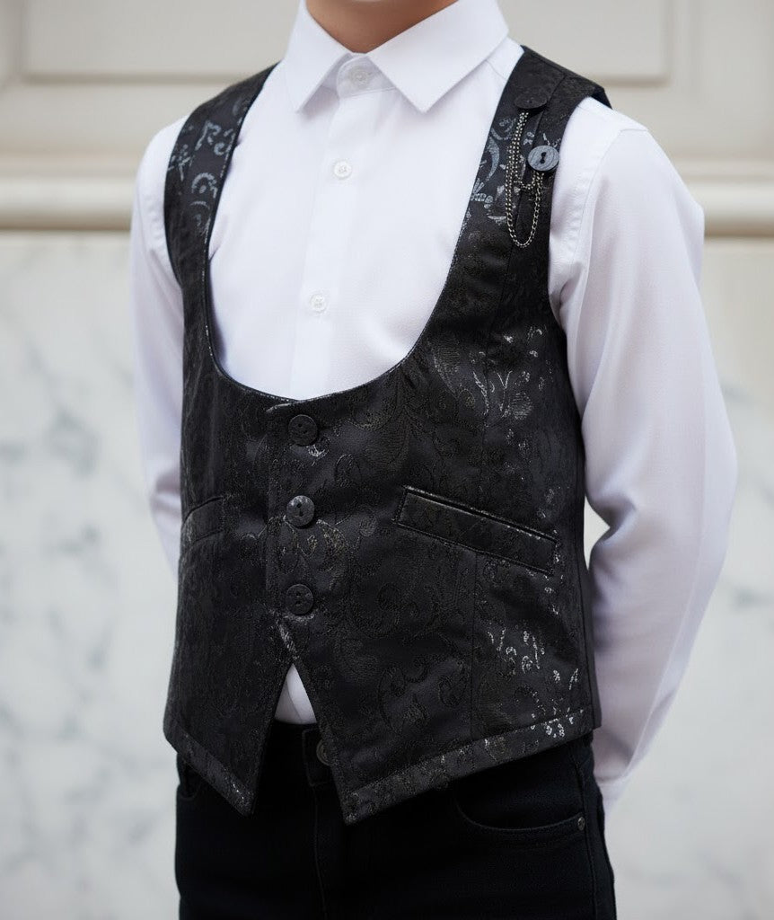 Boys Black Brocade Formal Vest Waistcoat (4–9 Years) XMAS party Wear birthday