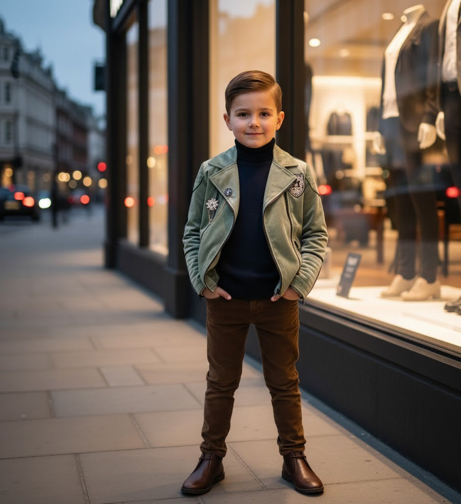 Boys' Velvet Jacket 3-9Y  Light Grey & Green Stylish Fall/Winter Casual top kids