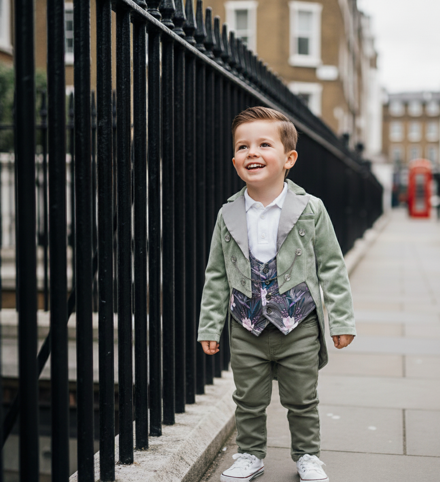 Boy's Formal Velvet Tuxedo Blazer Light Green Slim Fitchristmas party wear 4-12Y