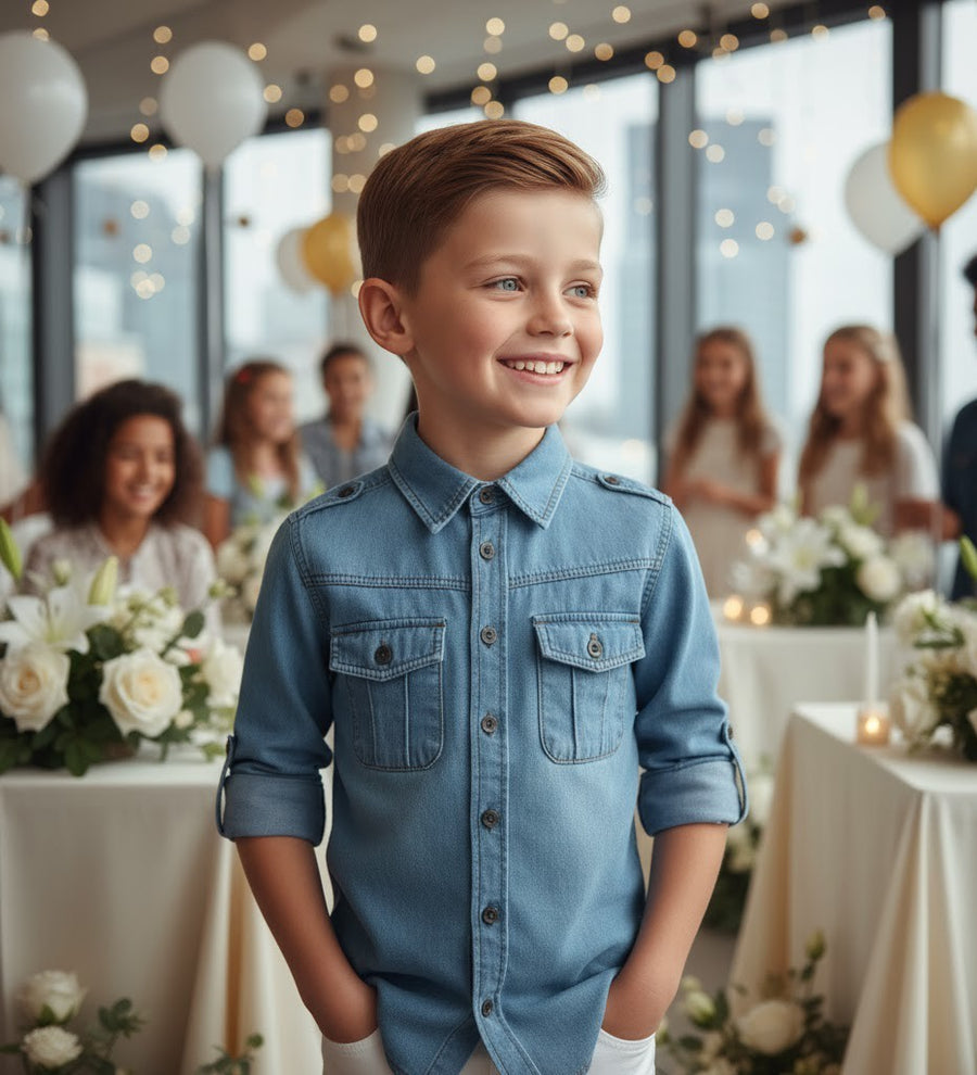 Boys Smart Casual Shirt Military Design Cotton Long Sleeve Top Ages 4-9Y School