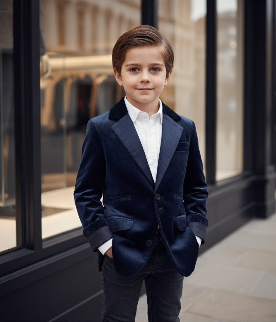 Boys navy Blue Velvet Blazer Long Formal Suit Jacket Casual party top 6-9 Years