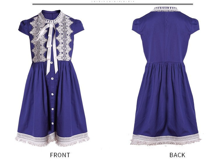 Girls Vintage Bright Blue Dress with White Lace – Soft Cotton, Ages 3-5 Years