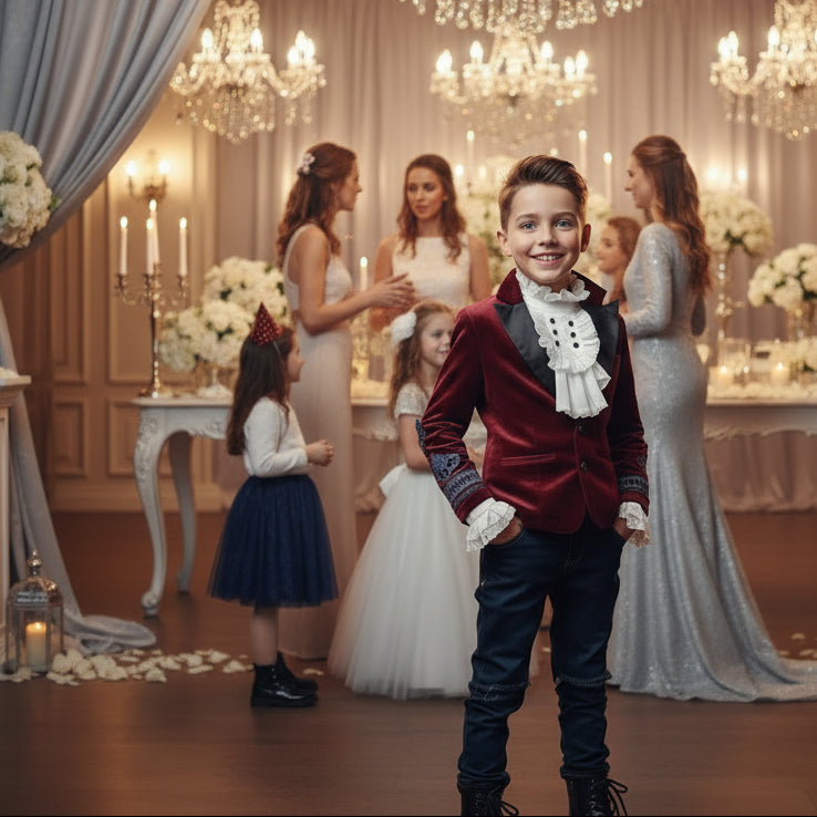 Boys Dark Red Velvet Blazer with Lace Detail – Vintage Formal Jacket for Weddings, Parties & Christmas (Ages 6–14)